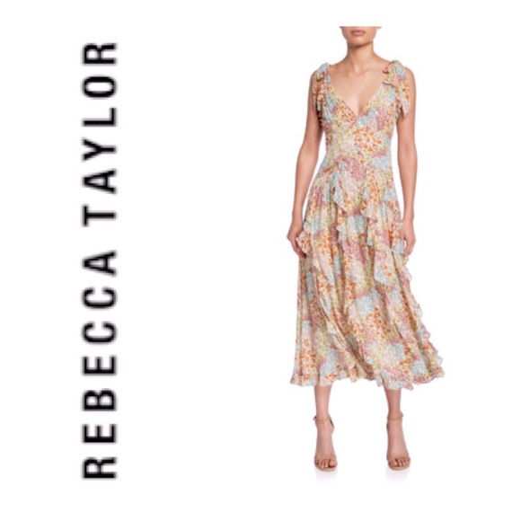 REBECCA TAYLOR Ava Floral-Print Silk Ruffle Tank Midi Dress Size 4/6 - Picture 3 of 11